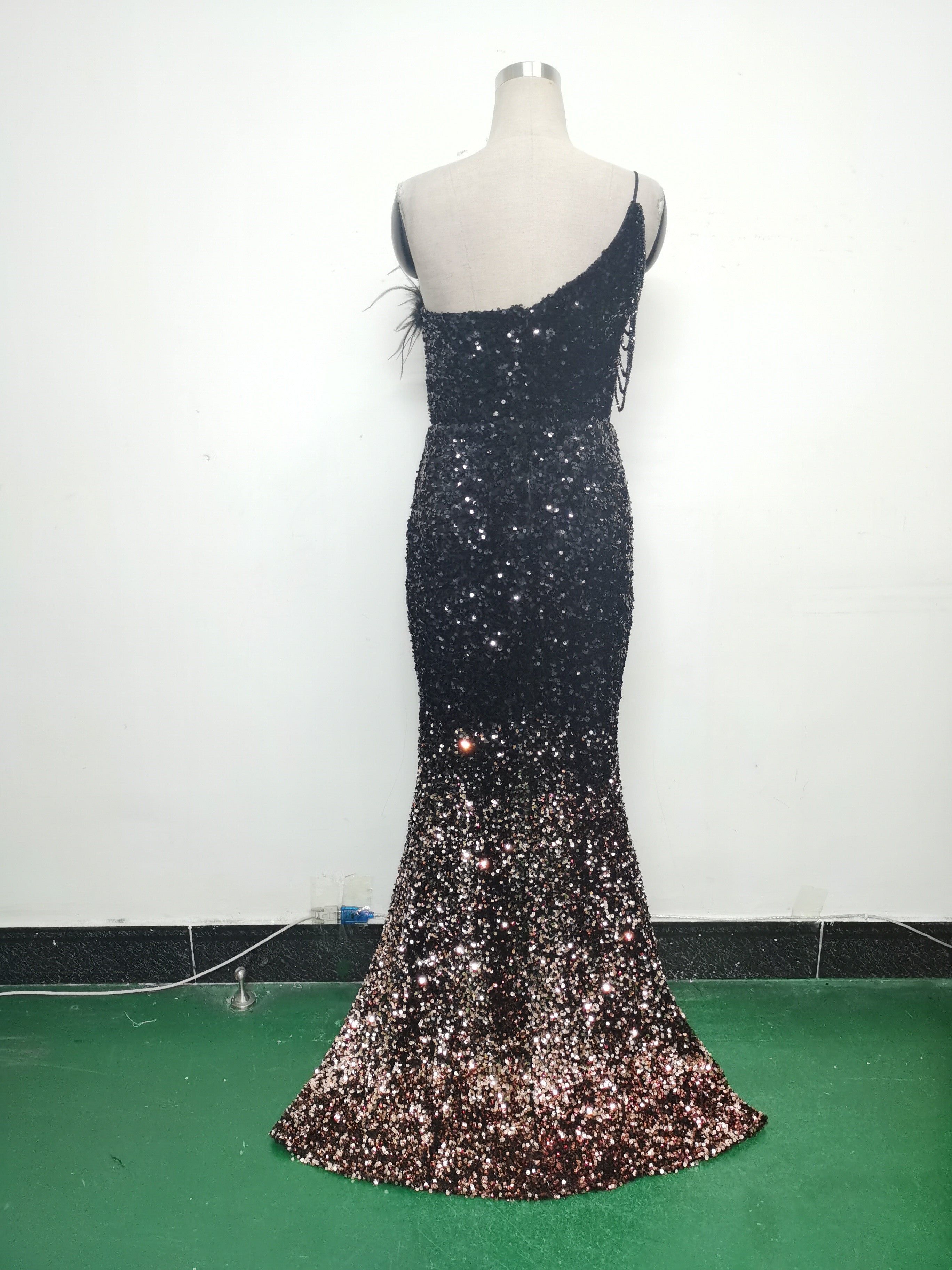 Women Ostrich Feather Beaded Sequin One Shoulder Slash Shoulder Slit Evening Dress 26