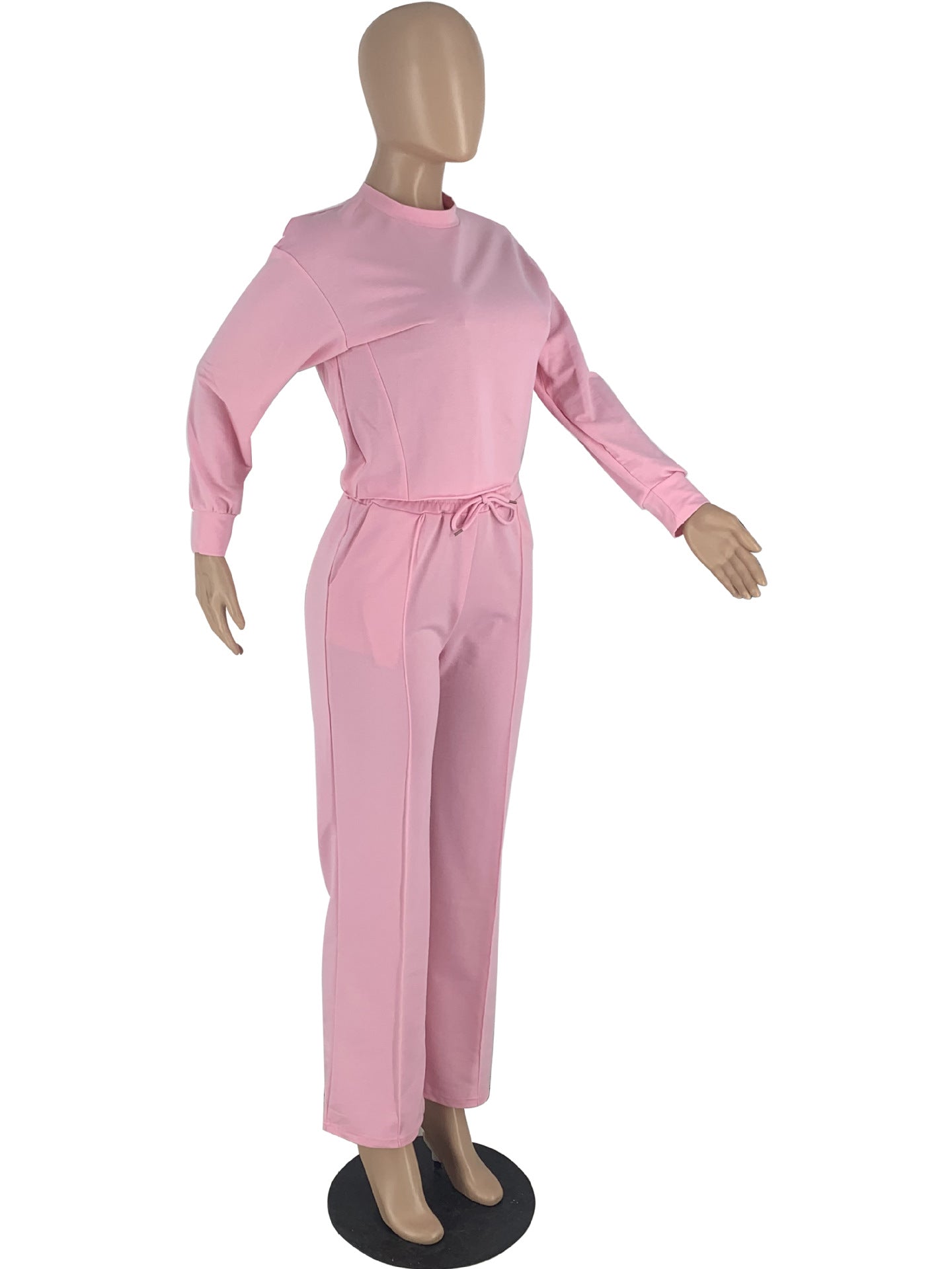 Solid Color Long Sleeve Pocket Straight Pants 2 Piece Set 30