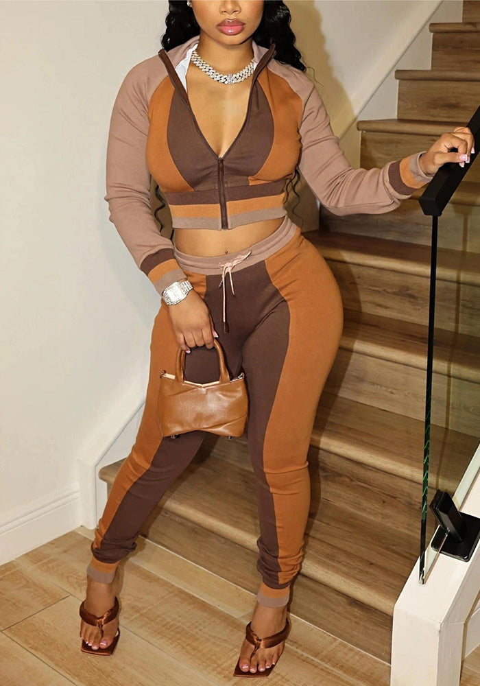Women Printed Colorblock Long-Sleeved Zippered Top and Pant Casual Two-Piece Set