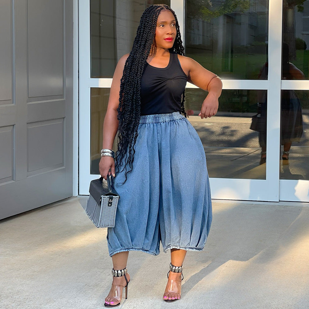 Women's Fashion Casual Elastic Waist Straight Wide Leg Denim Pants 4