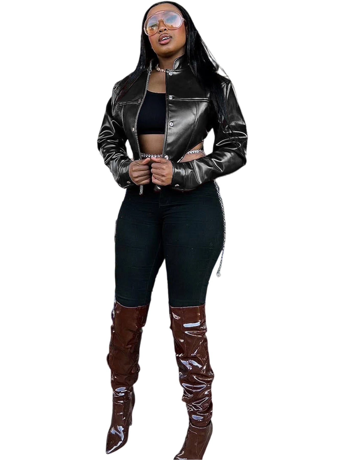 Women Cropped Pu-Leather Jacket