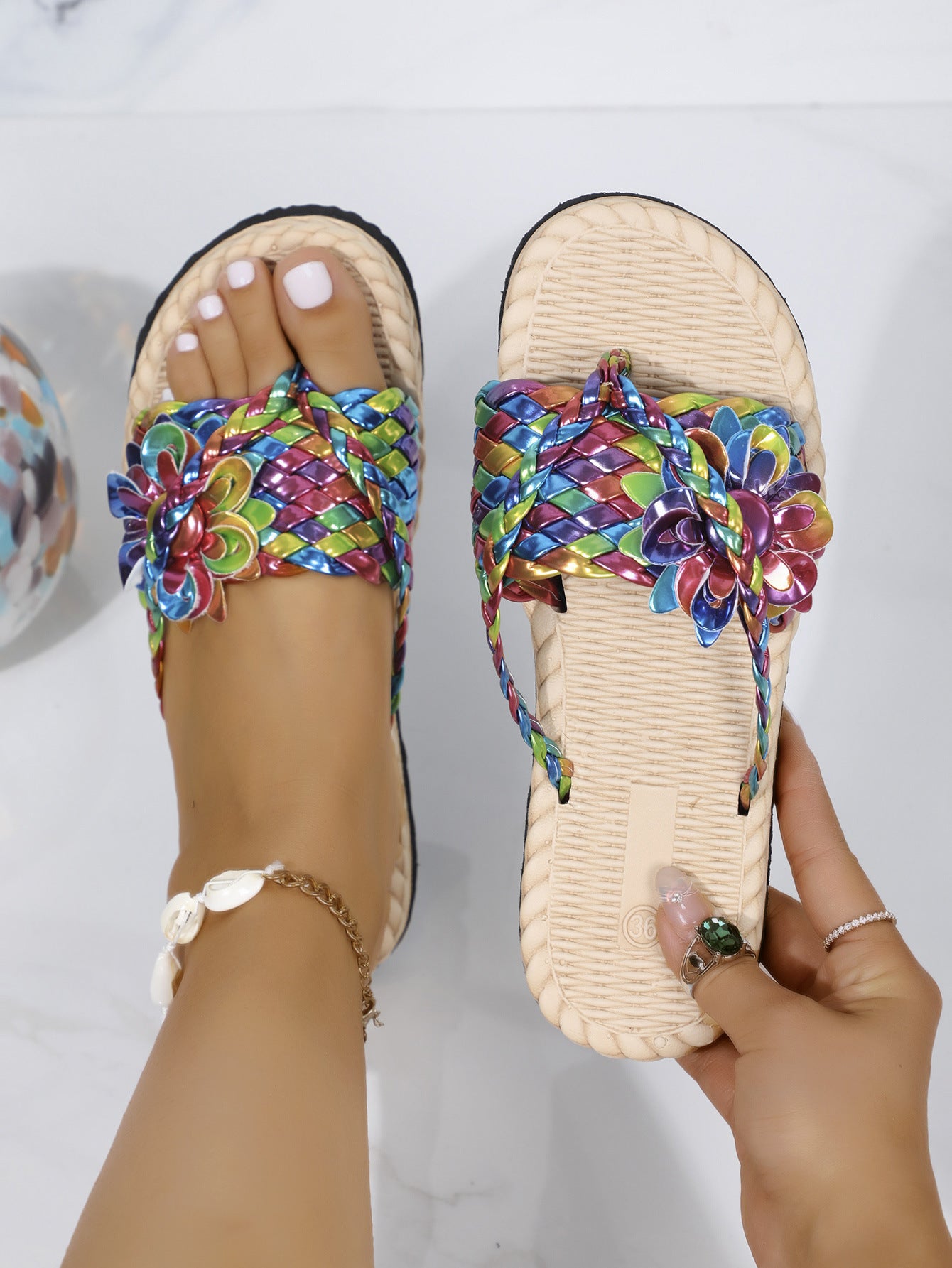 Women Summer Casual Sandals Beach Shoes Sequined Braided Slippers 8