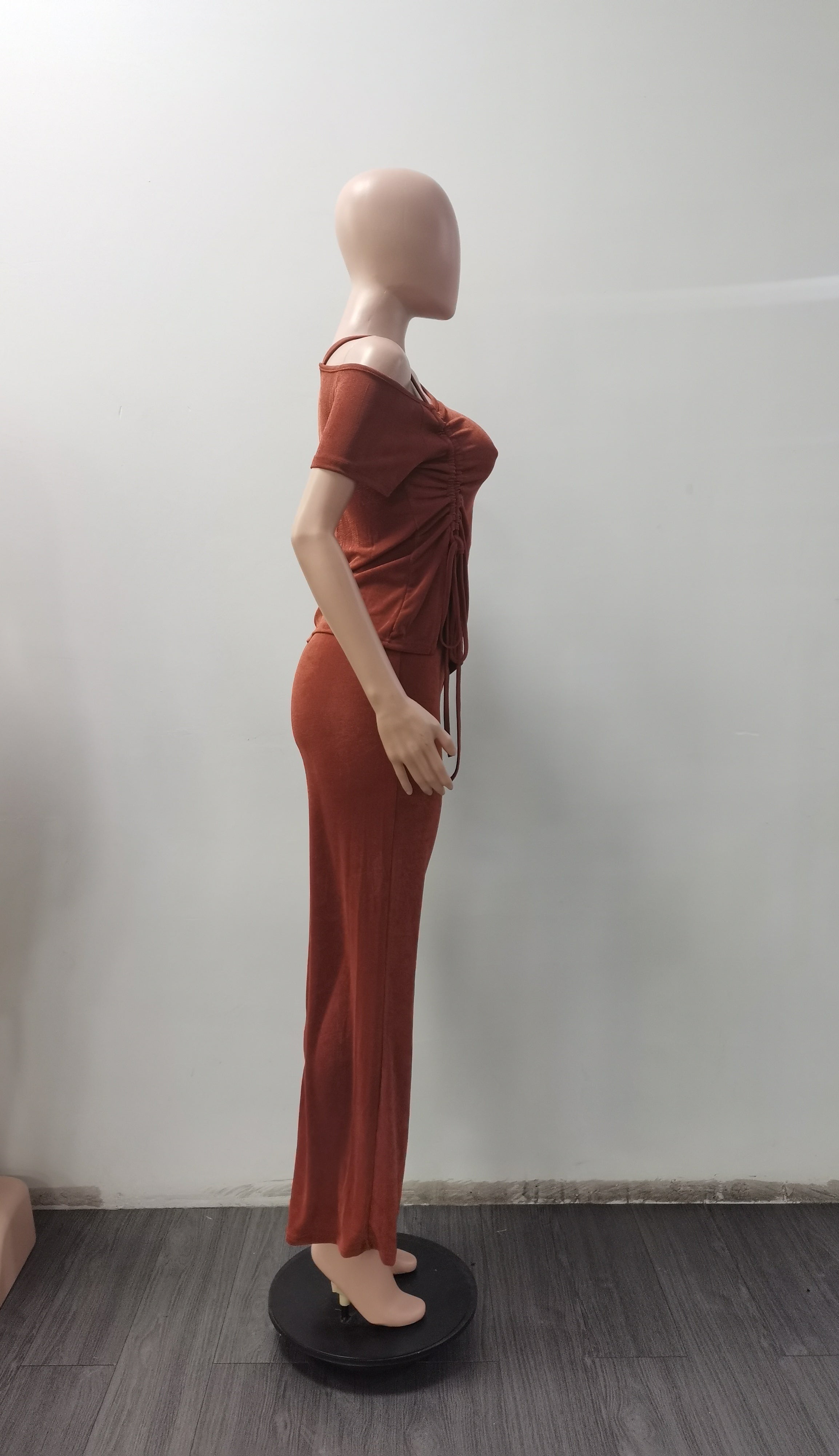 Women's Spring  Slash Shoulder Short Sleeve Pleated Slim Sexy Two-Piece Pants Set 15