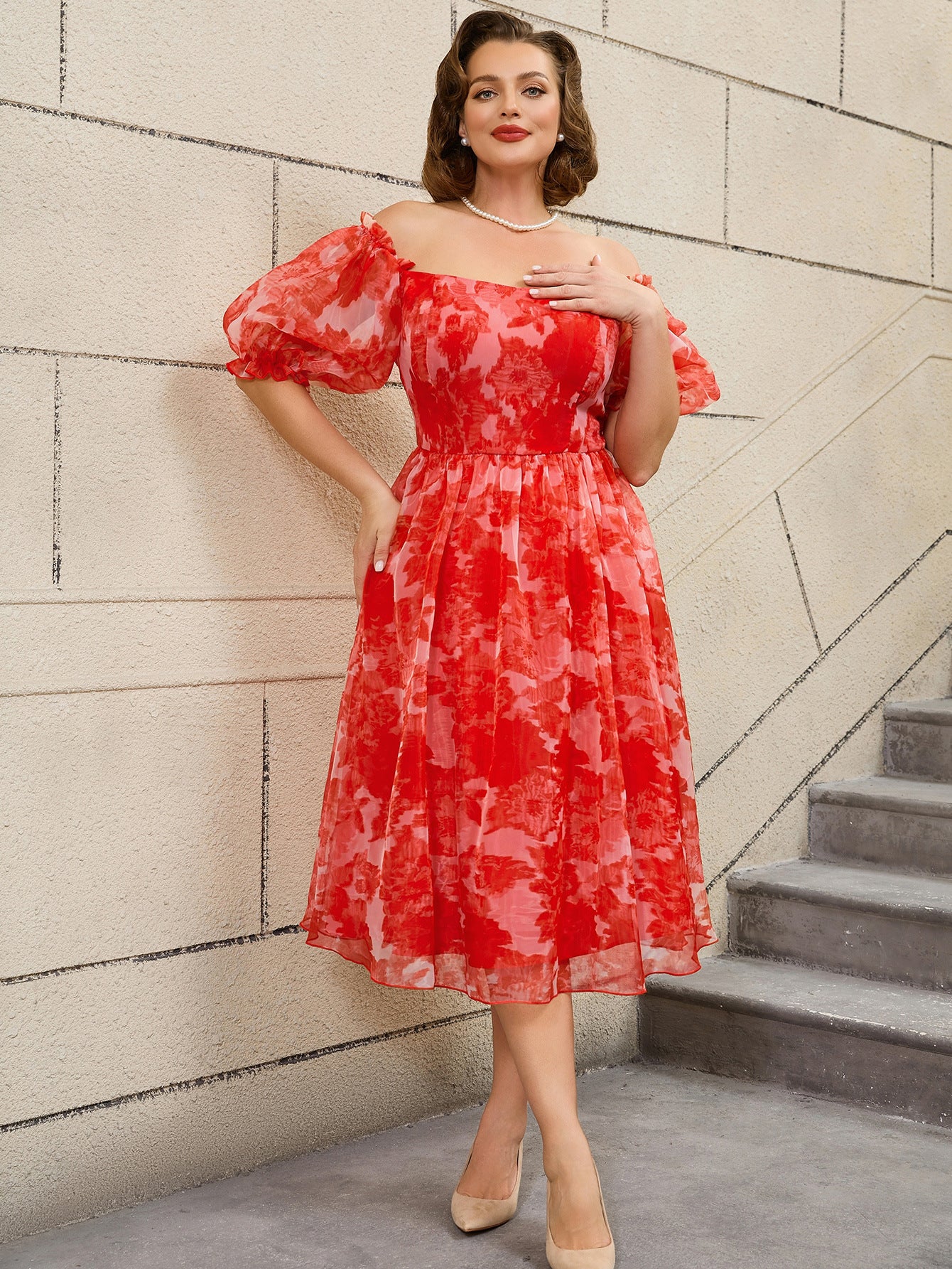Plus Size Women Red Print Off Shoulder Puff Sleeve Dress 6