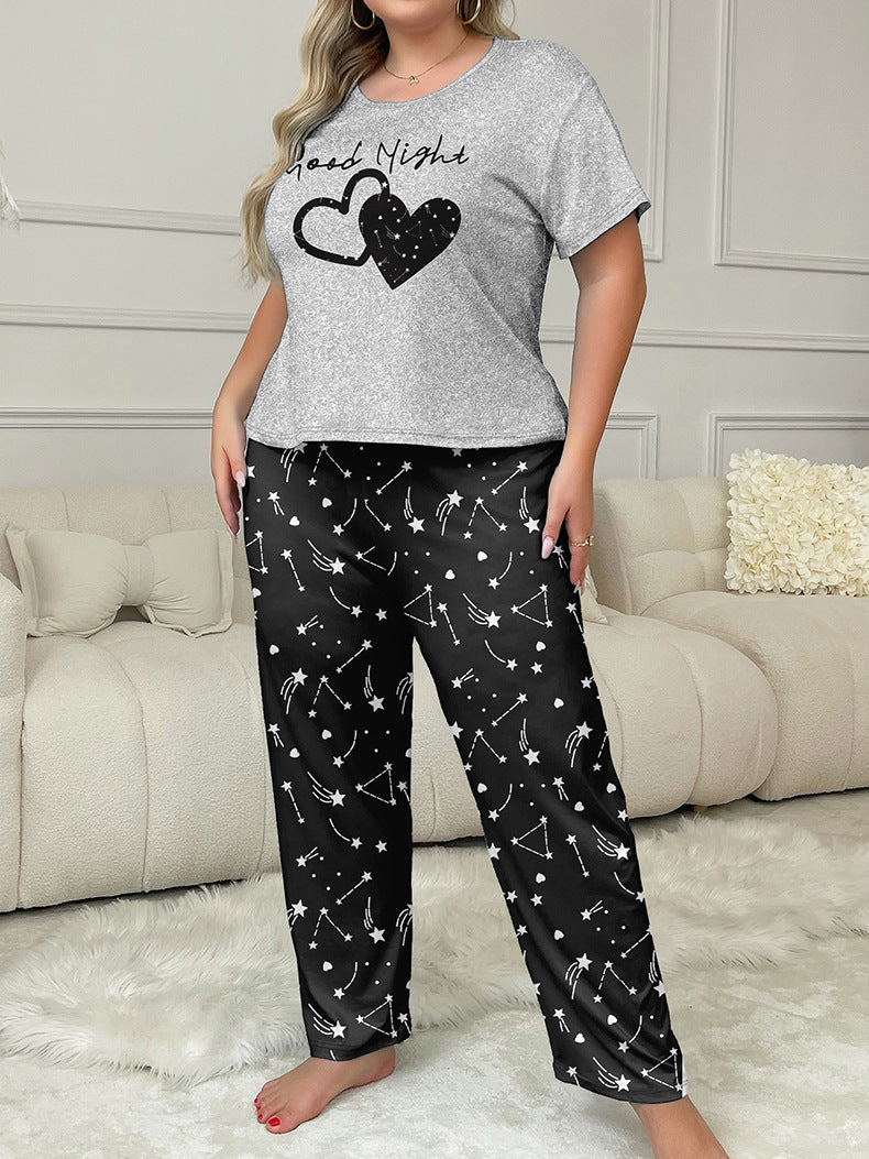 Women's Home Clothes Plus Size Pajamas Short Sleeve Two-Piece Pants Set 5