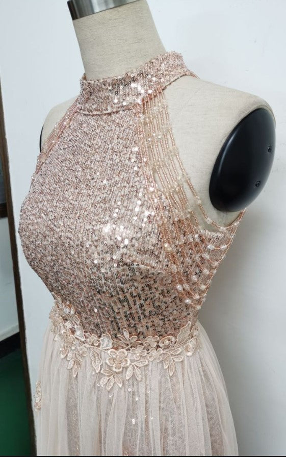 Summer Occassional Gold Sequin Mesh Patch Halter Evening Dress 9