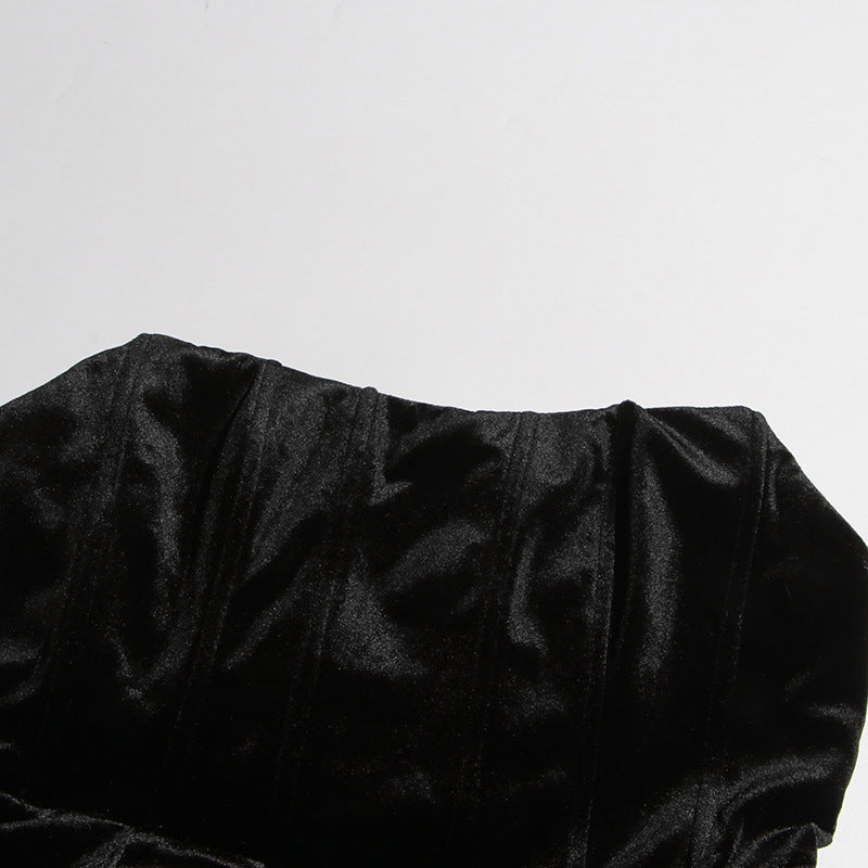 Women sexy velvet wrap chest white rose puffy dress 8