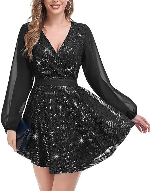 Women's Sequin Loose Party Dress Long Sleeve Casual Loose Mini Short Gown