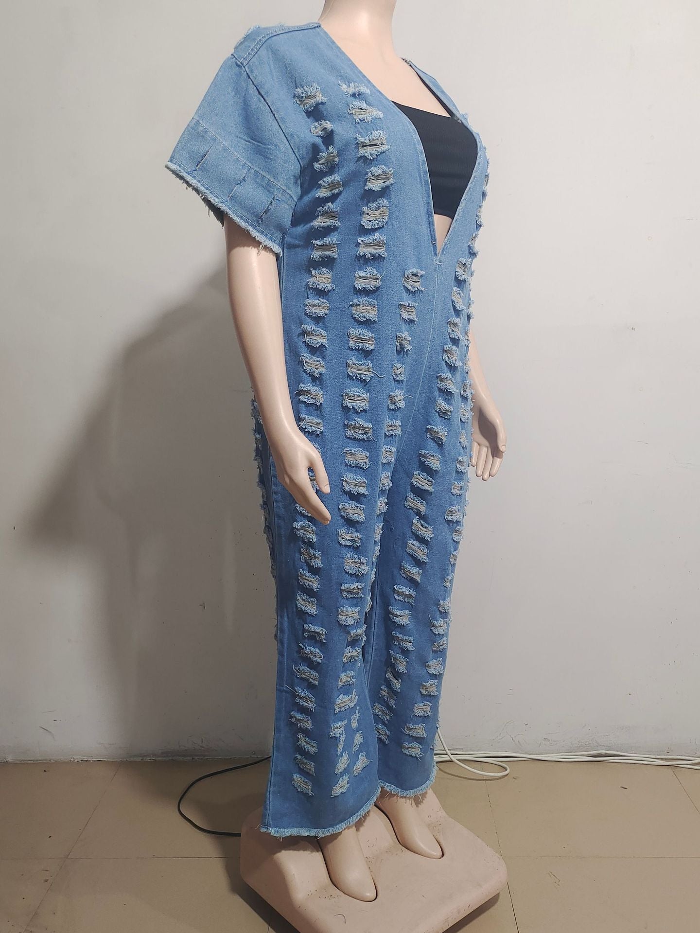 Women V Neck Ripped Loose Denim Jumpsuit Women Wide Leg 8