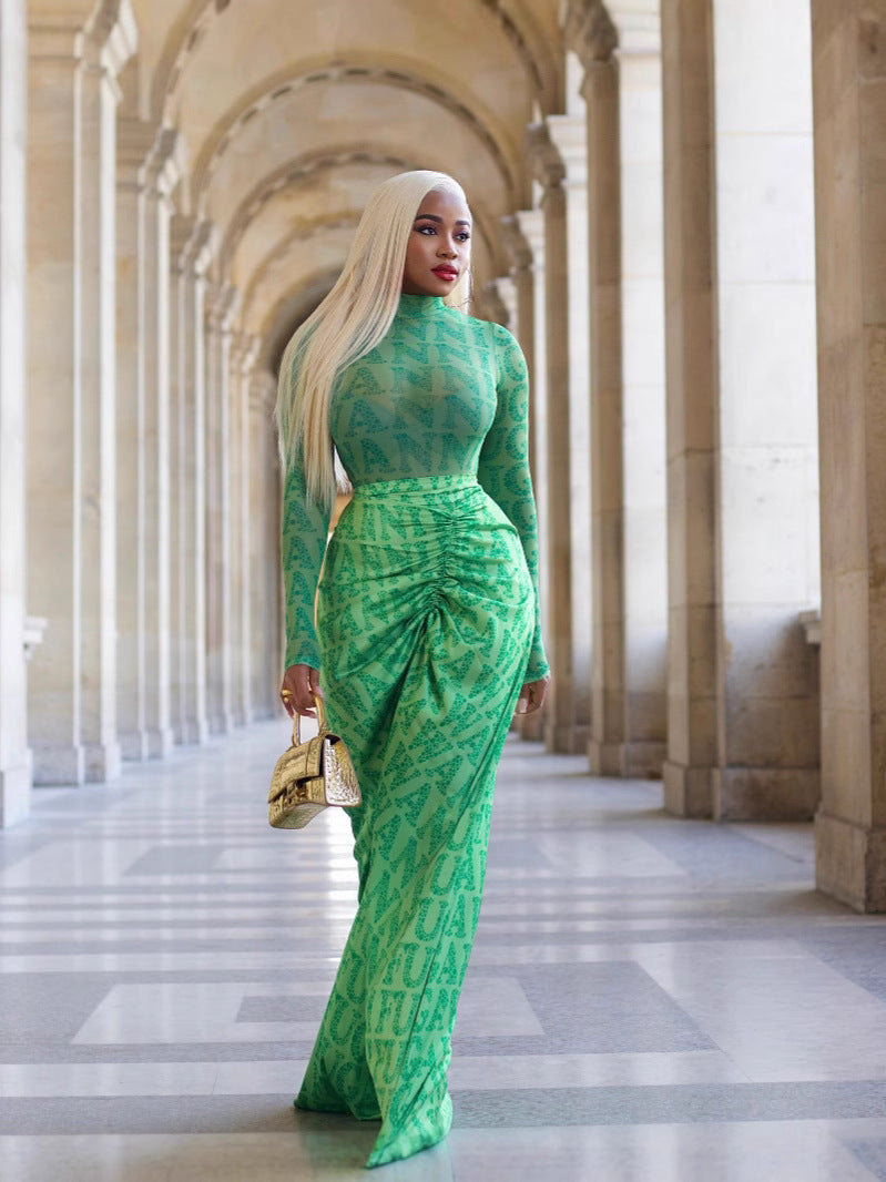 Women Fall/Winter Mesh Top And Long Skirt Two Piece Set 4