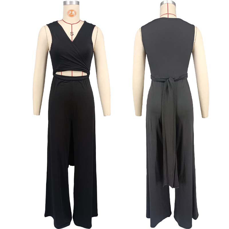 Fashion Solid Color Sleeveless Lace-Up Loose Wide Leg Jumpsuit 7