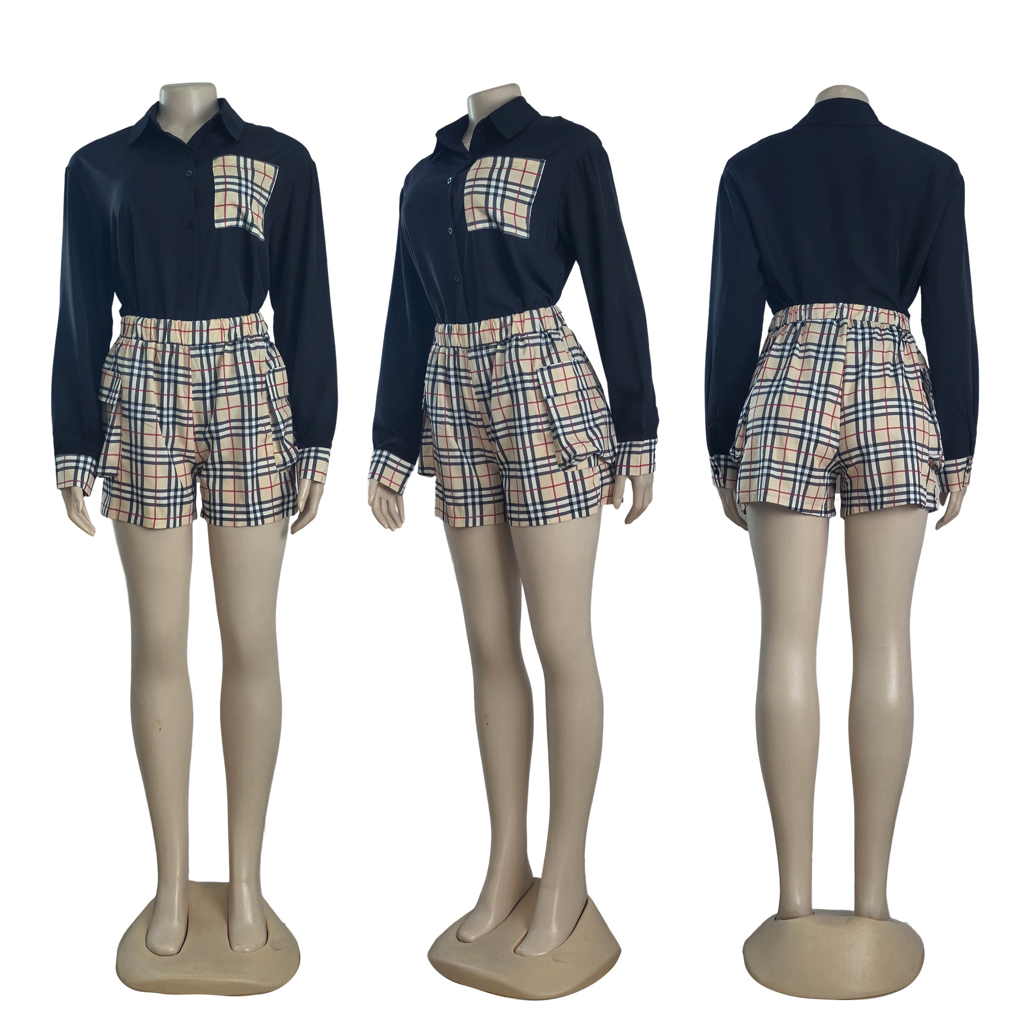 Women's Fashion Fitted Shirt Multi-Pocket Checkered Shorts Set