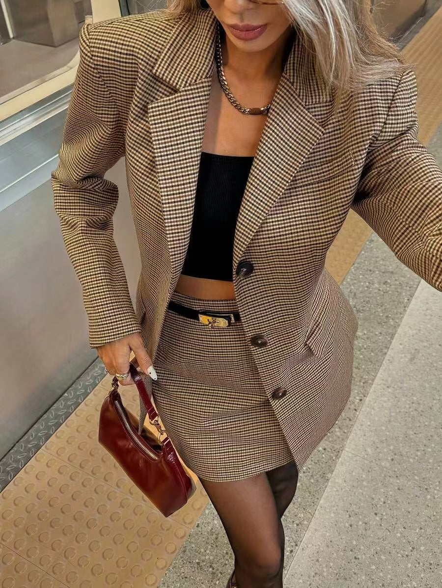 Women Fall Houndstooth Textured Blazer and Skirt Two-Piece Set 5