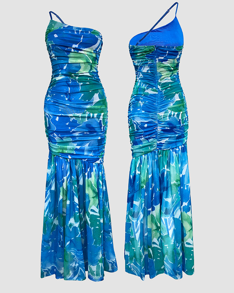 Summer Blue Contrast Floral One-shoulder Pleated Fishtail Dress 6