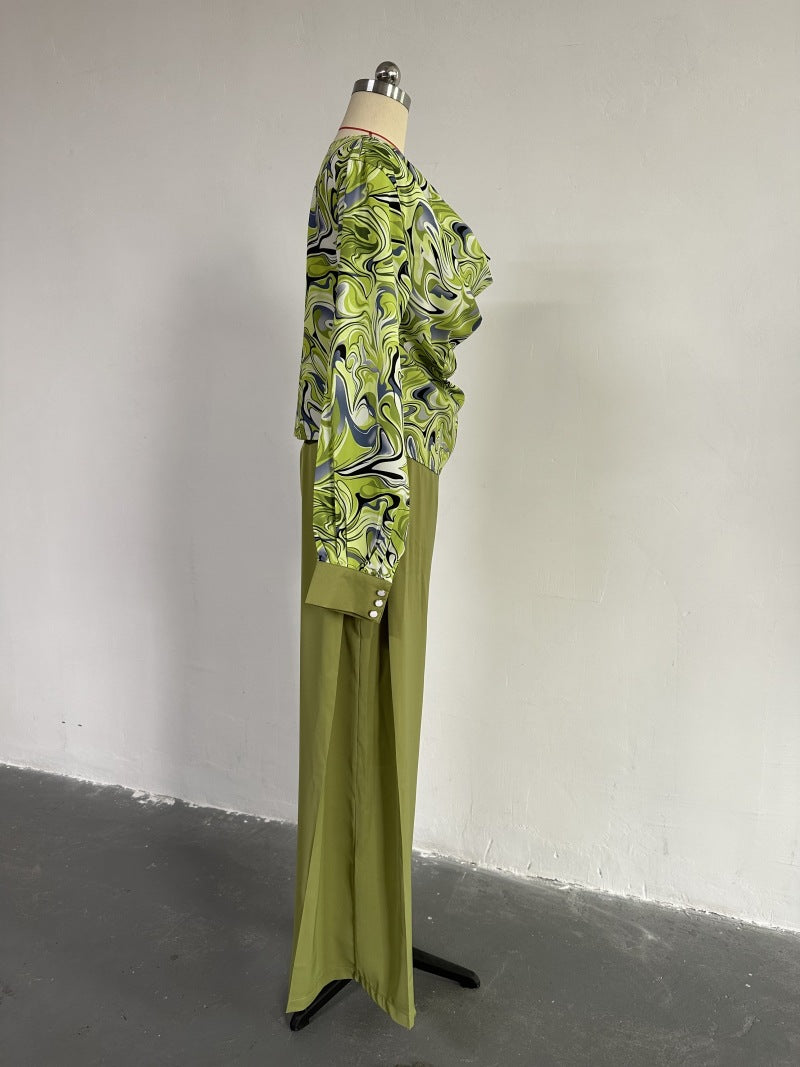 Women Autumn Printed Balloon Sleeve Shirt and Wide-leg Pants Casual Two-piece Set 12