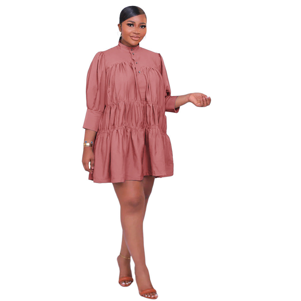 High Collar Solid Color Simple Loose Casual Women's Dress 11