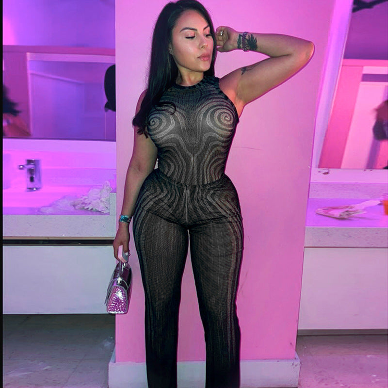 Women's Slim Geometric Pattern Print Round Neck Sleeveless Bodysuit Wide-Leg Pants Two Piece Set 3