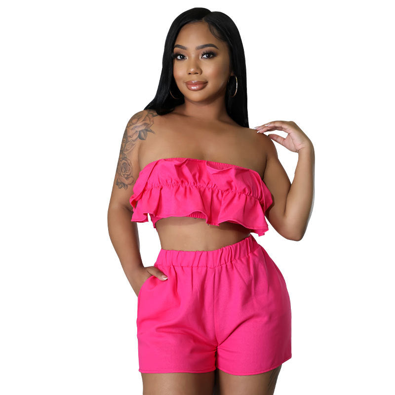 Women's Fashion Solid Strapless Two-Piece Shorts Set Casual Ladies Casual Summer Outfit 5