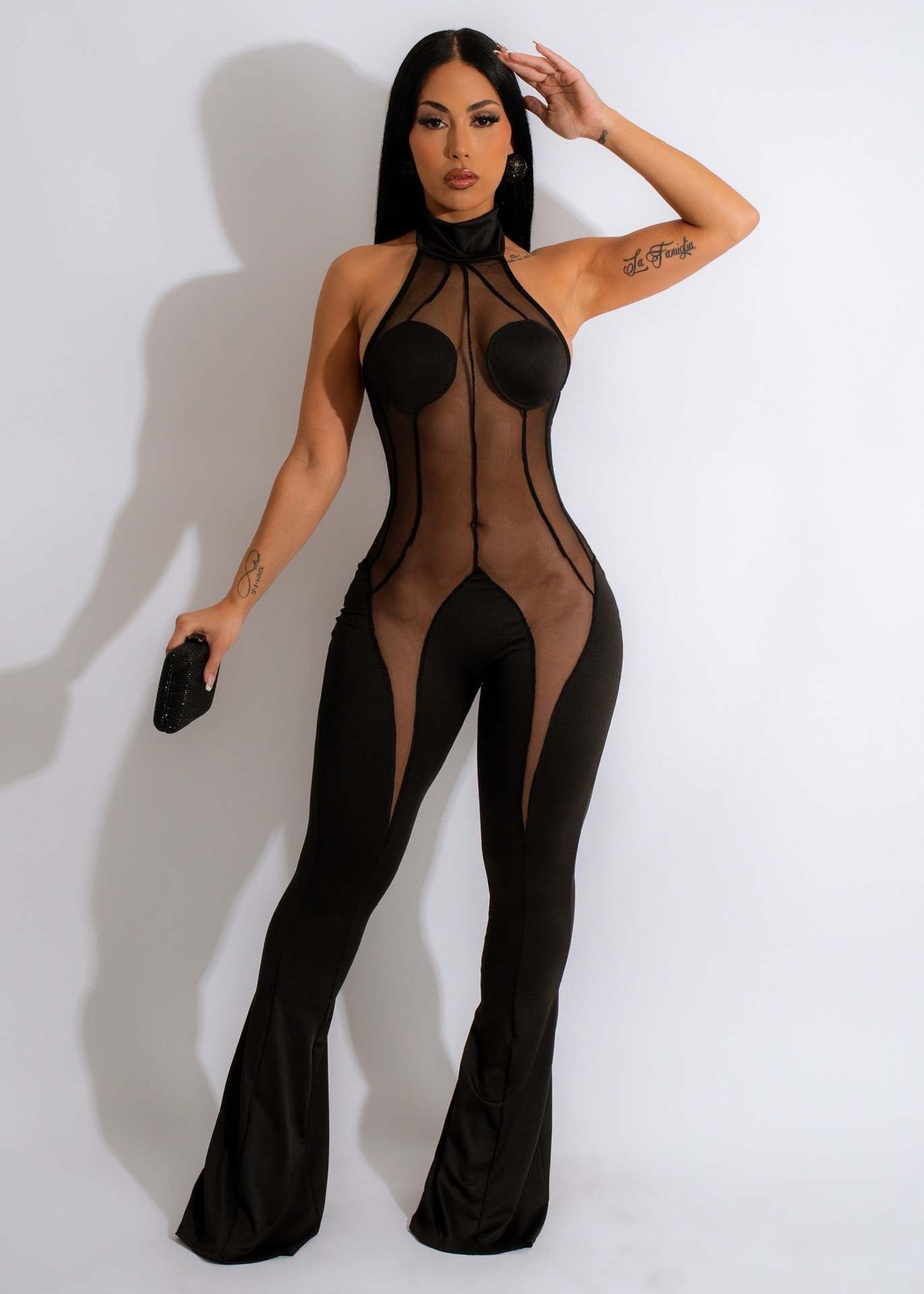 Women's mesh Patchwork Solid Color Sexy Wide Leg Jumpsuit