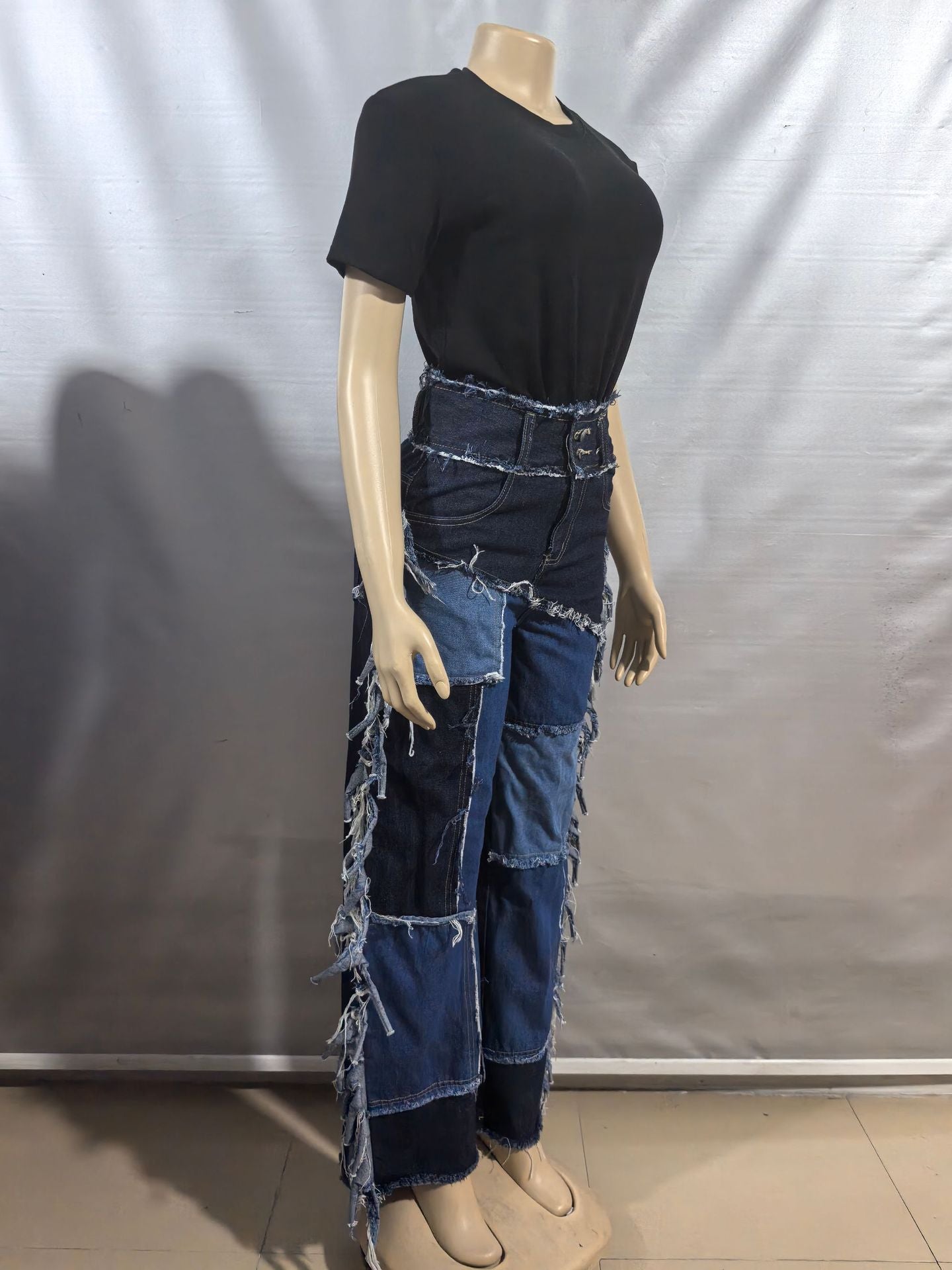 Women patchwork Colorblock Tassel Denim Pants 6