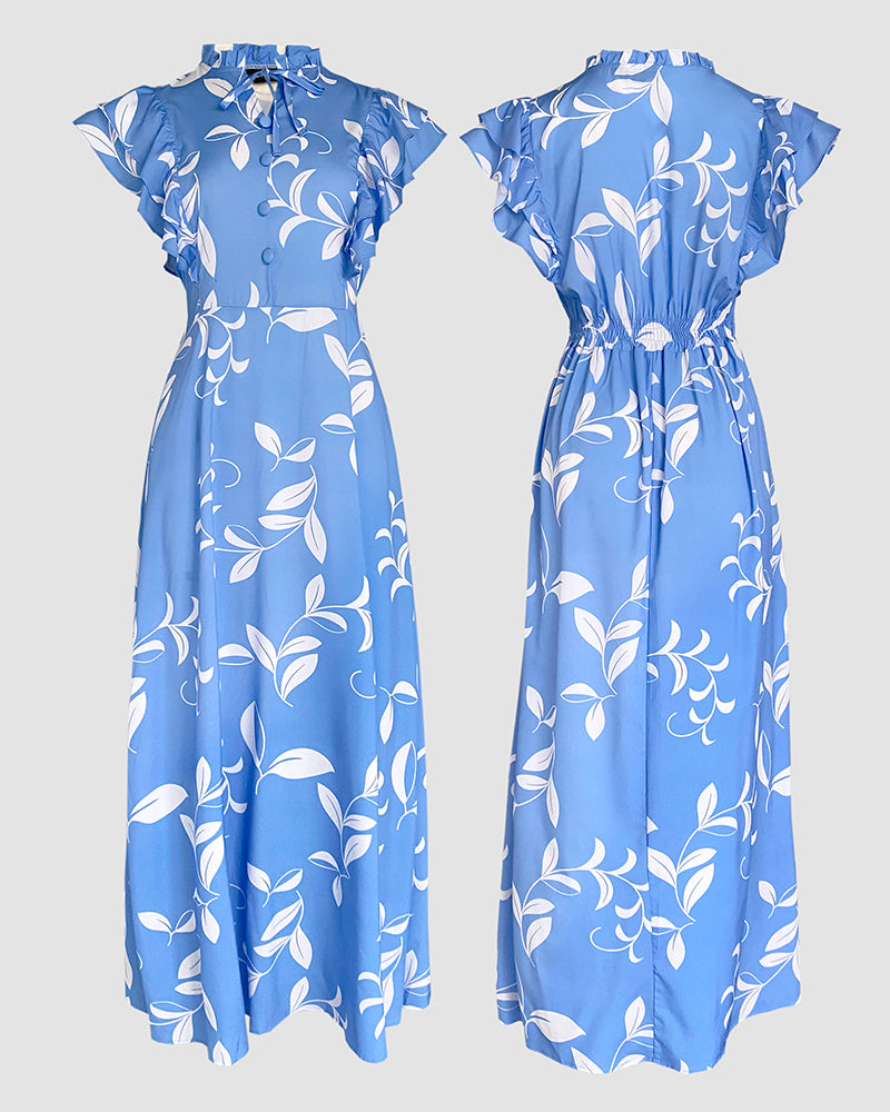 Women Blue Floral Floral Lace-Up Maxi Dress with Ruffled Shoulder Neck 6