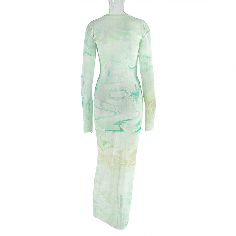 Chic Printed Women's Slim Fit High Neck Long Sleeve Bodycon Dress 8