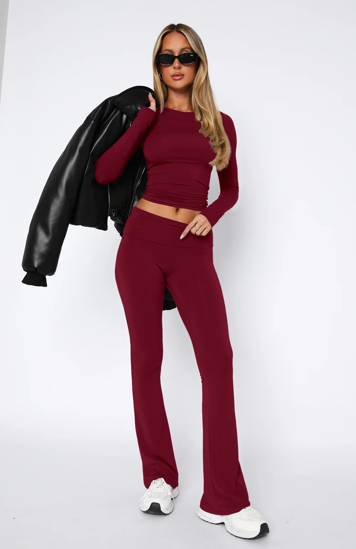 Women long sleeve round neck top and bell bottom pant two-piece set 13