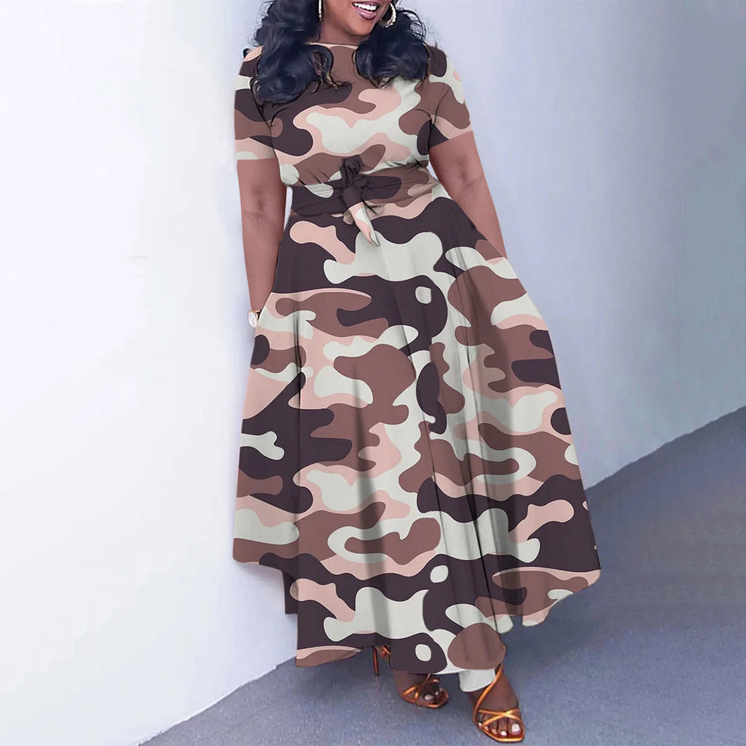 Women's Fashion Chic Tie-Waist African Plus Size Short Sleeve A-Line Dress 14