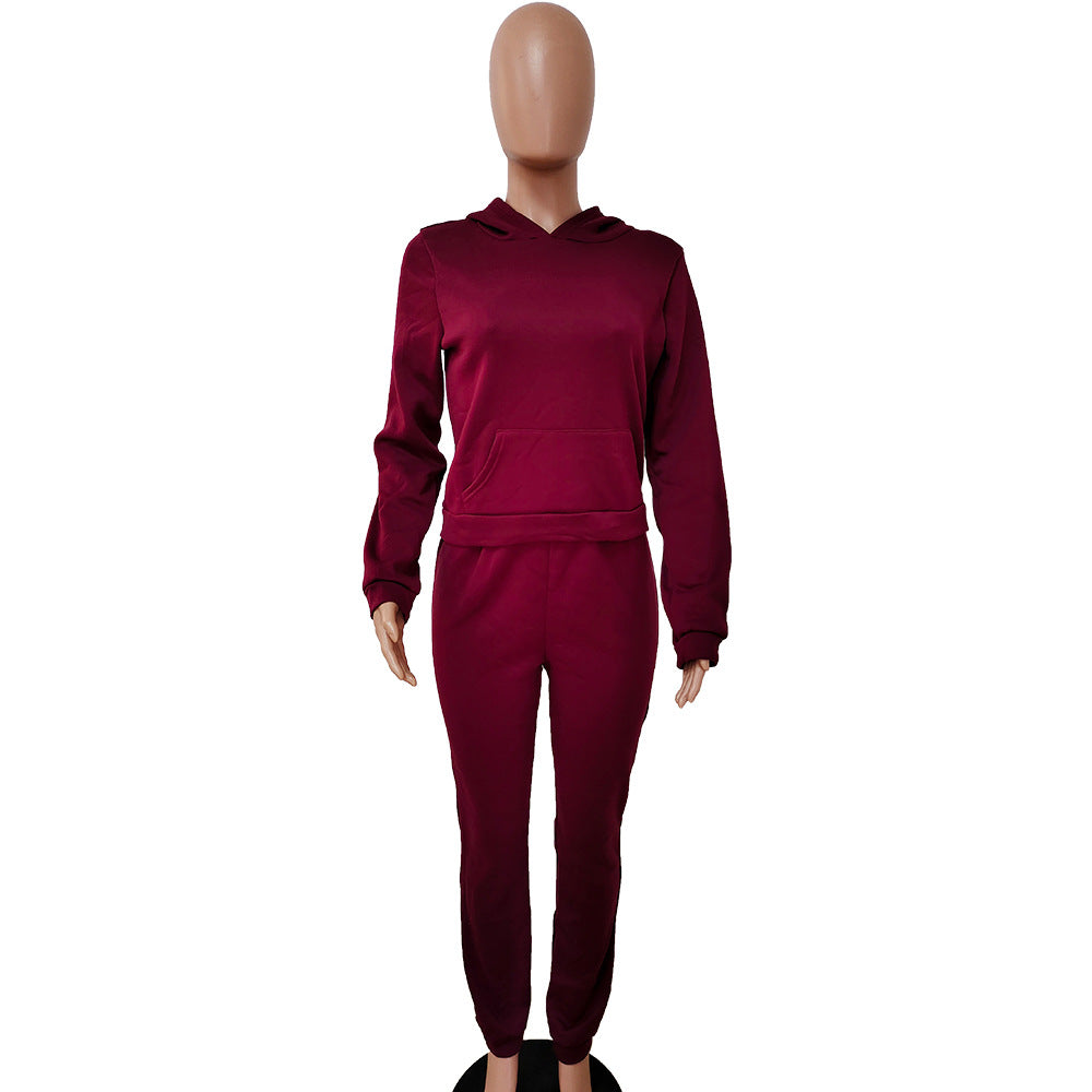 Women Fall/Winter Solid Hoodies and Pant Sport Two-Piece Set 38