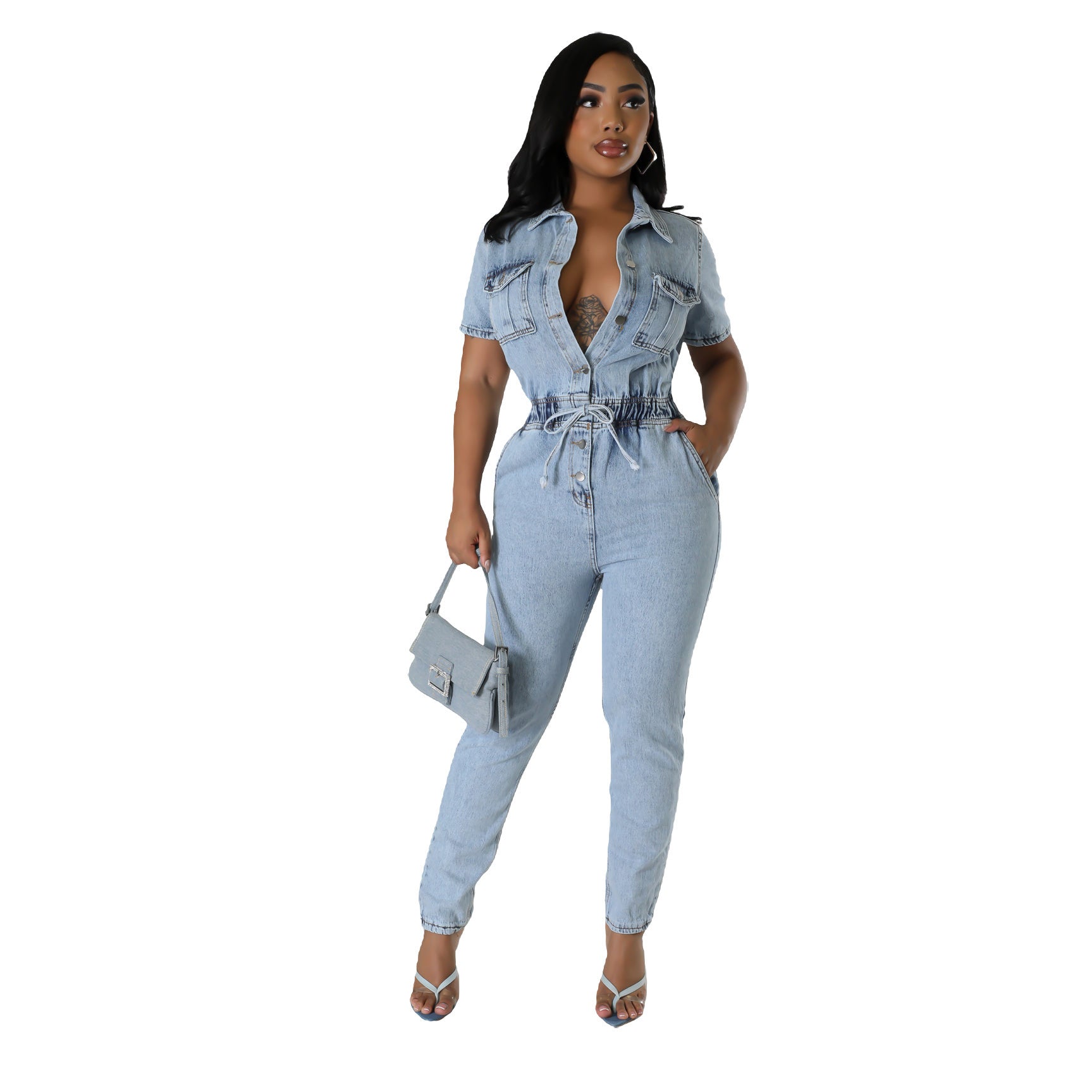 Women Stretch Washed Denim Short Sleeve Jumpsuit