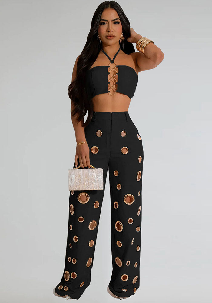 Women Sexy Metal Button Top and Pants Two Piece Set