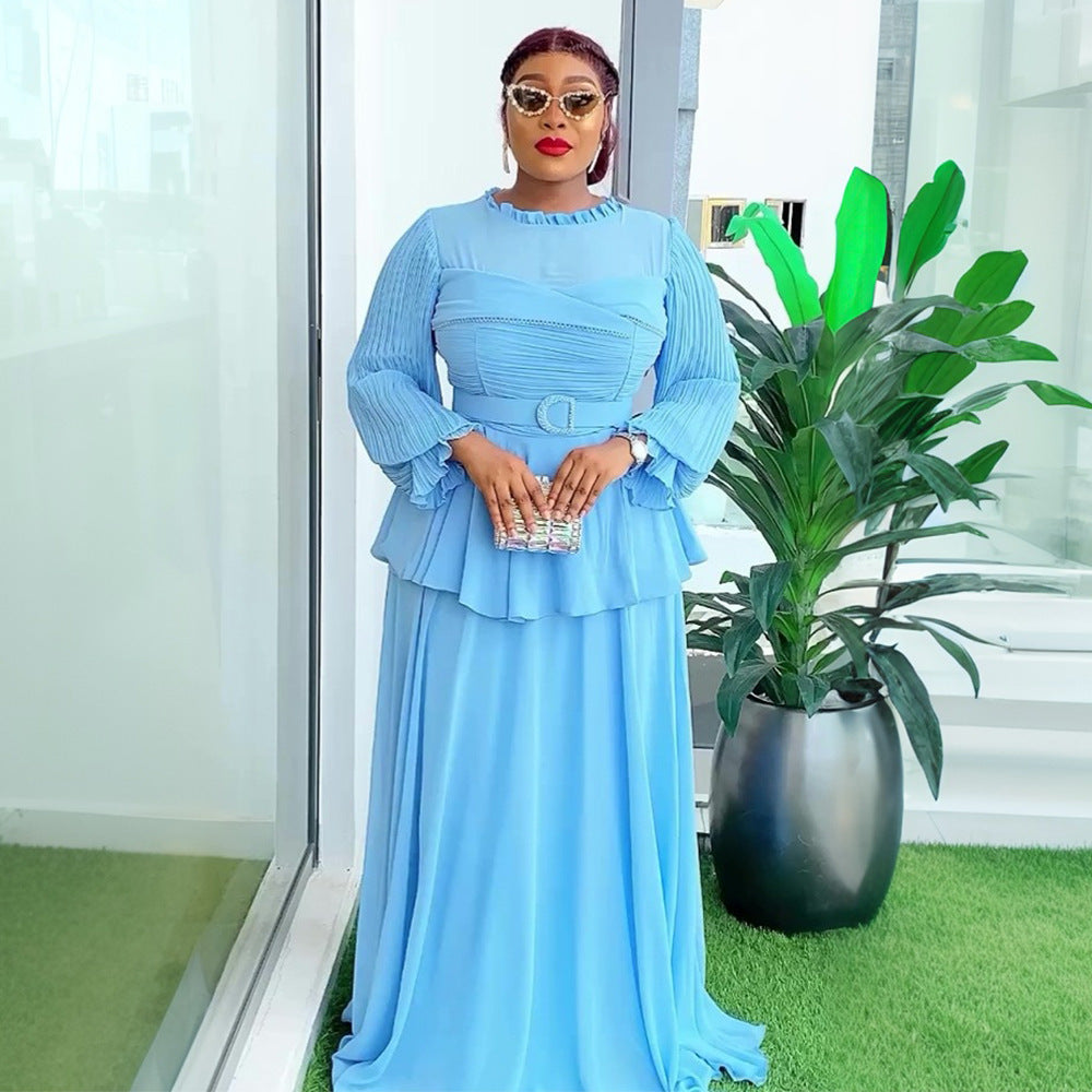 Plus Size African Women ruffle patchwork pleated long-sleeved dress