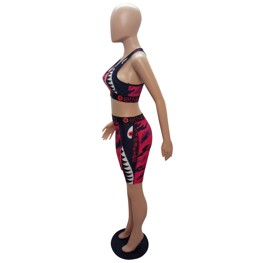 Cartoon Print Casual Camouflage Tank Biker Shorts Two-Piece Set 12