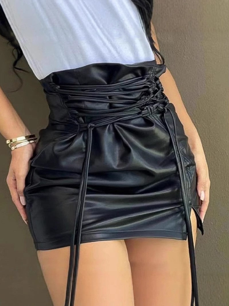 Women Sexy Lace-Up Pu-Leather Skirt