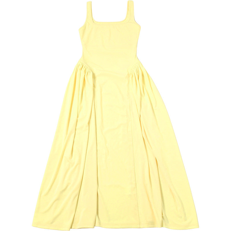 Summer Elegant Chic High Waist Solid Square Neck Strap A-line Dress 12