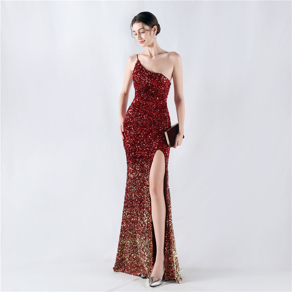Gradient Sequins High Slit Slash Shoulder Sexy Evening Dress