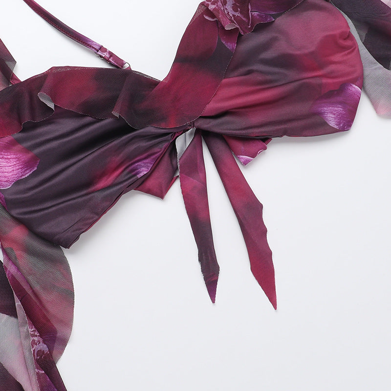 Street-Style Holiday Ruffled Print Two Piece Set Summer Sexy Slit Skirt Set 12