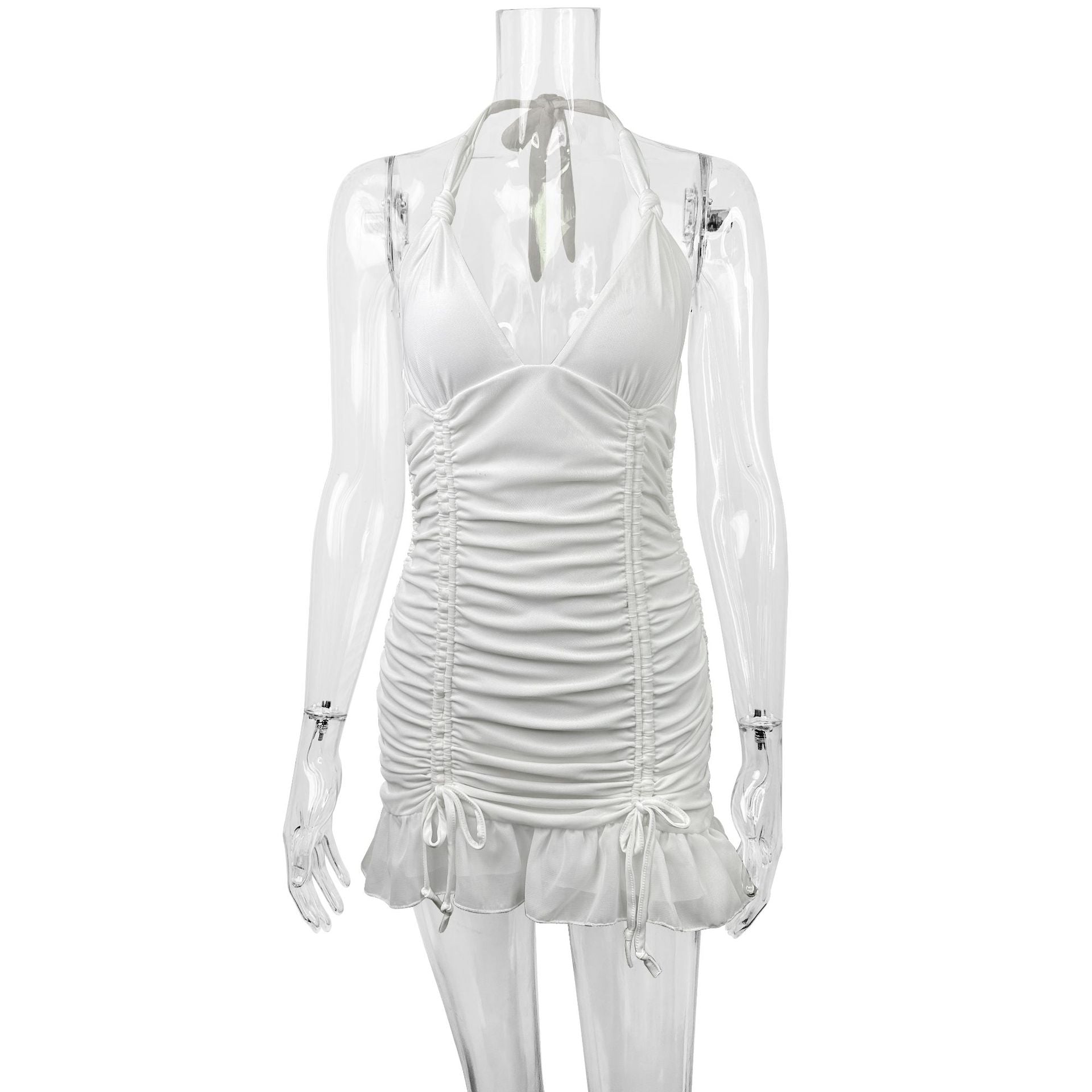 Summer women's deep v-neck Halter Neck sexy Ruched Beach dress 6