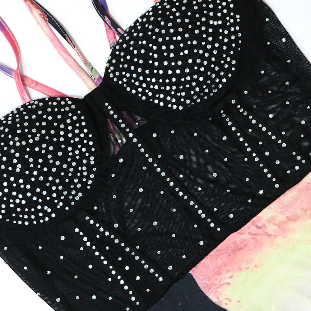 Fashion Beaded Strap Mesh Patchwork Dress 7