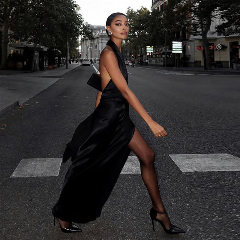 Spring Sexy Deep V Low Back Slit Solid Color Long Dress 3