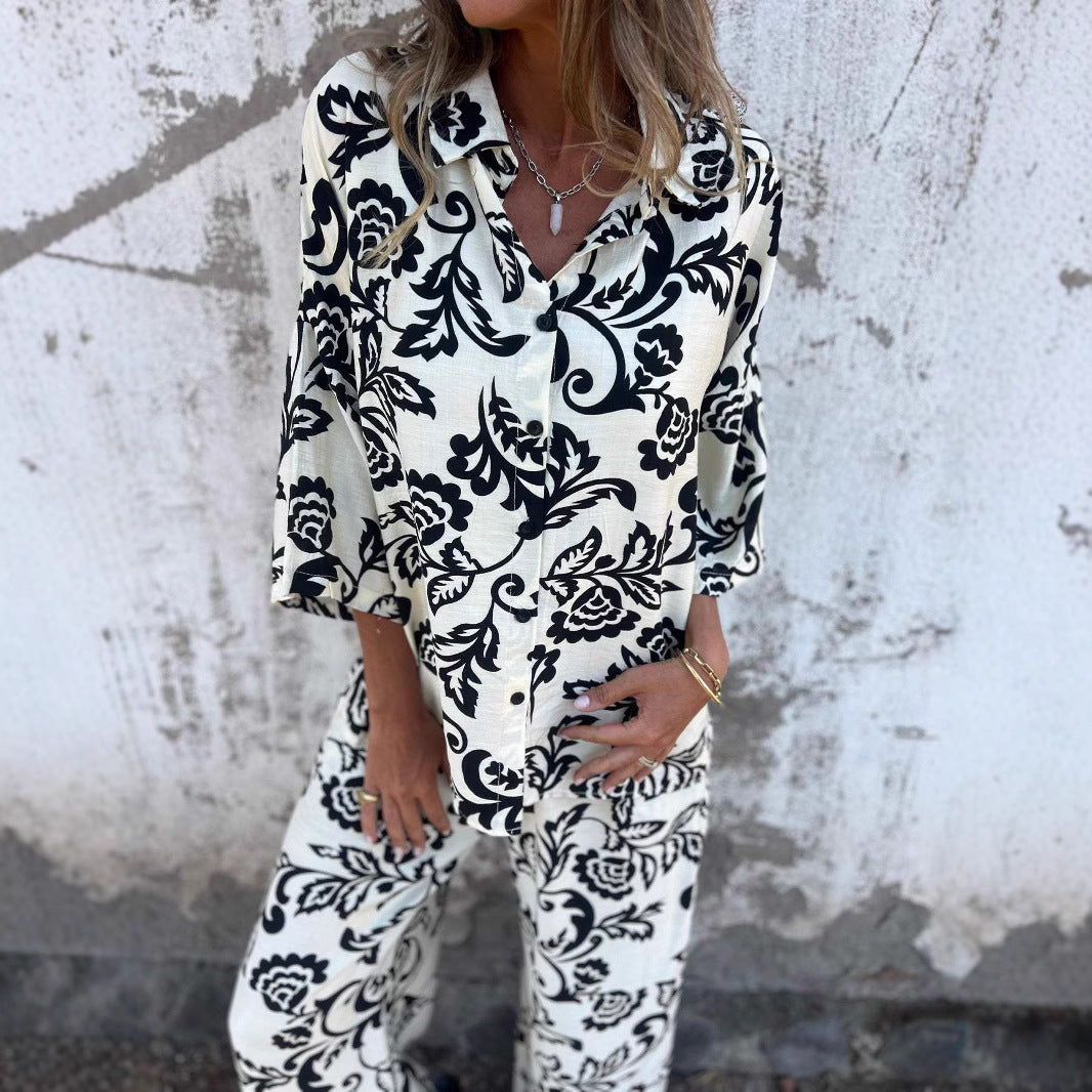 Casual Women's Printed Two-Piece Shirt & Pants Set 5