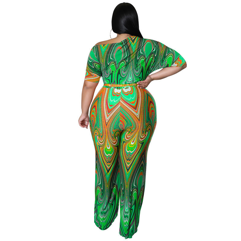 Plus Size Women's Summer Slash Shoulder Print Short Sleeve Wide Leg Jumpsuit 7