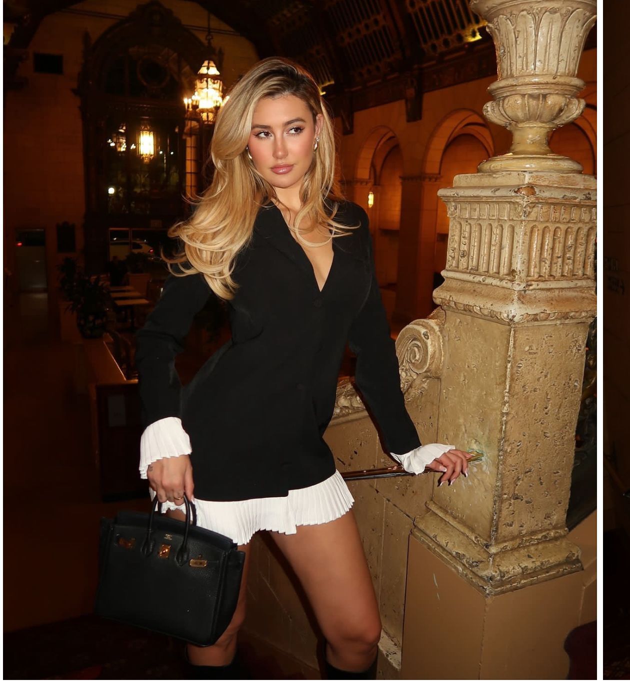 Women Spring and Summer Black and White Contrast Pleated Ruffle Blazer Dress