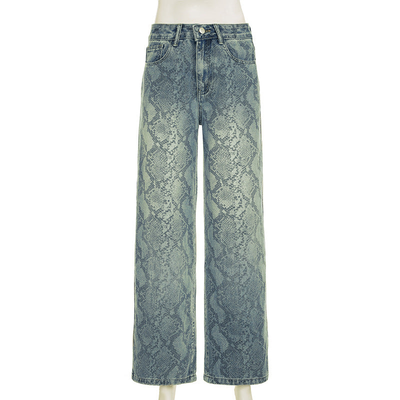Women Street Snake Print Casual Denim Trousers 9