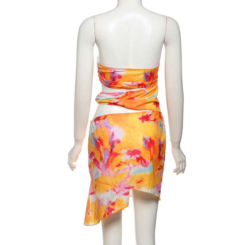 Women Summer Sexy Contrast Backless Bodycon Hollow Strapless Dress 5