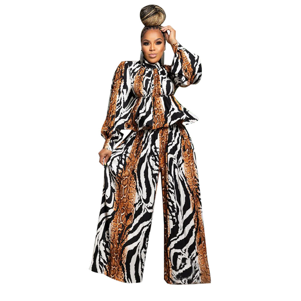 Women Lantern Long Sleeve Top and Wide Leg Pants Printed Casual Two-piece Set 7