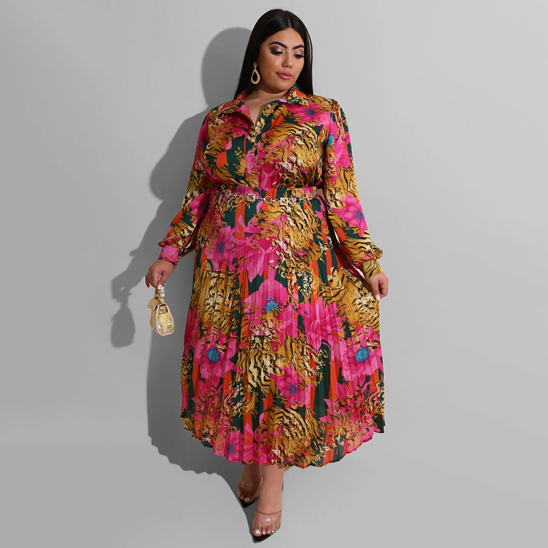 Plus Size Women Printed Long Sleeve Top + Ruched Skirt Two-Piece Set 3