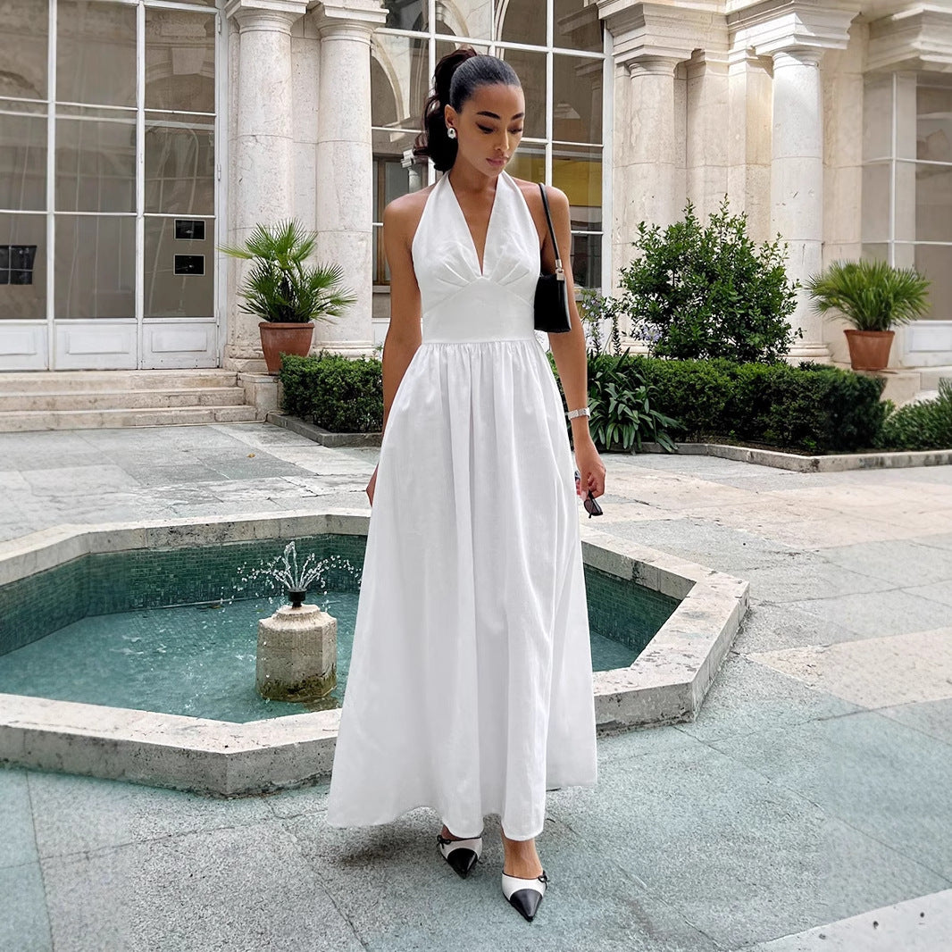 Women's Spring Summer Halter V-Neck Lace-Up Backless Long Swing Dress 10