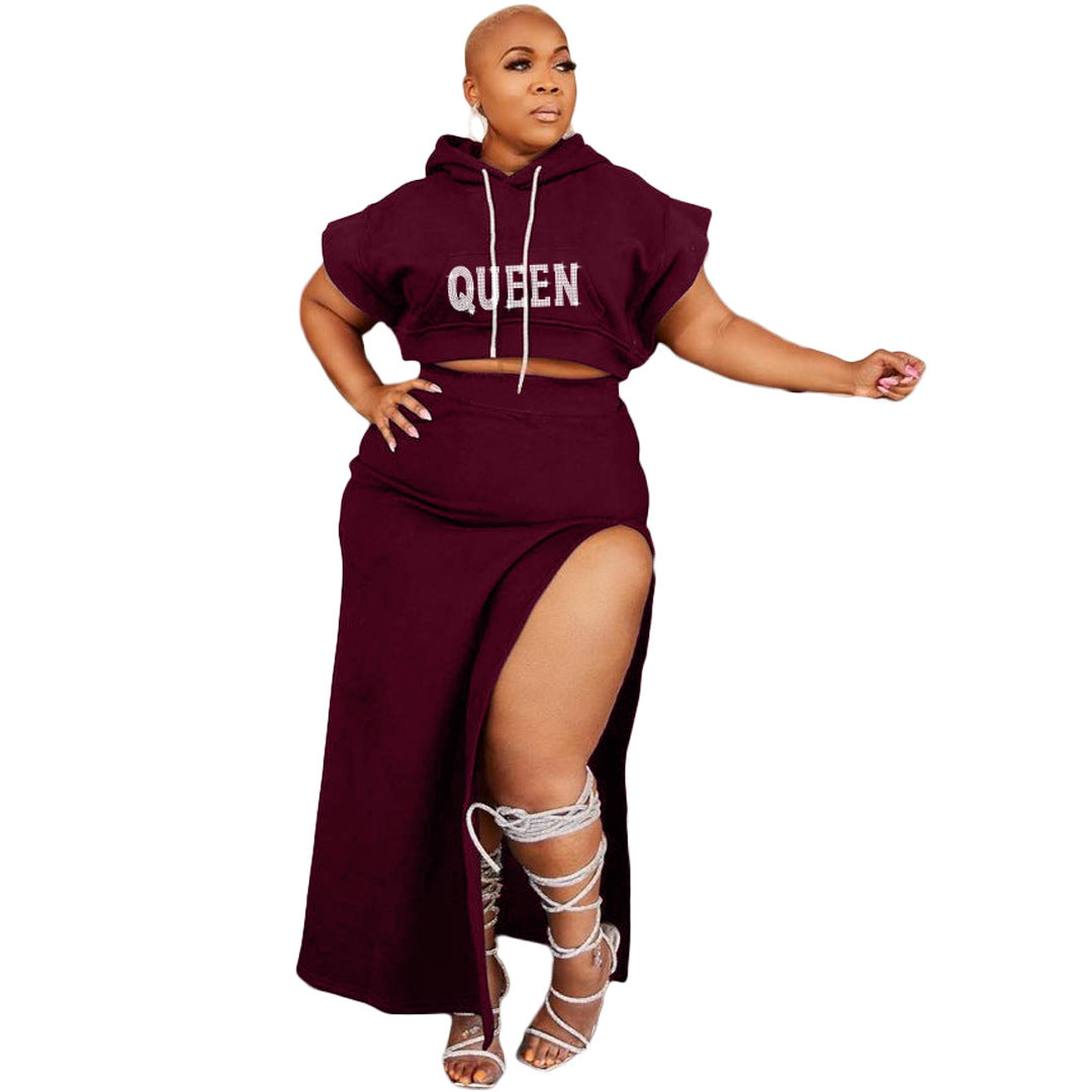 Plus Size Casual Women'S Beaded Short Sleeve Hoodies Slit Maxi Skirt Two-Piece Set 7