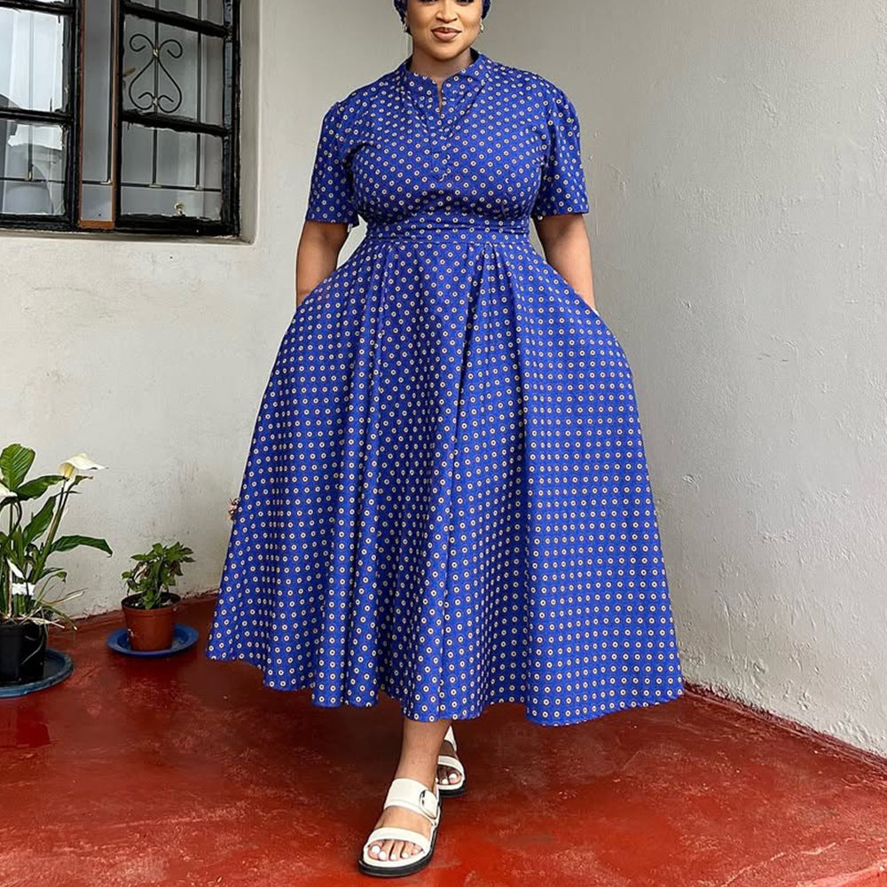 Summer Plus Size Women's Short Sleeved V neck Bohemian Polk Dot Print Long Dress